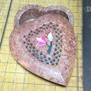 Inlaid Floral Framed by Cut Out Lattice Lid Carved Stone Jewelry Box EVC India